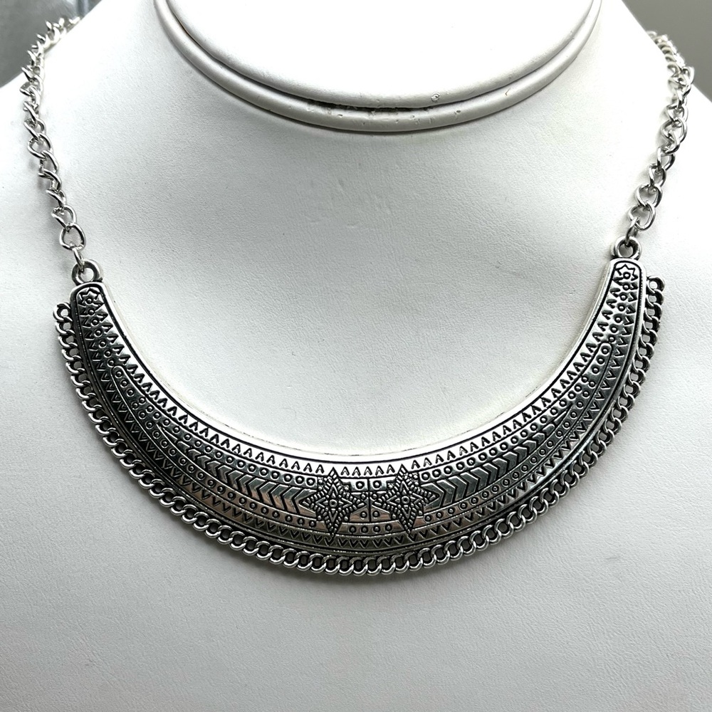 Vintage Style Ethnic Tribal Collar Stamped Silver Necklace-Bohemian Statement